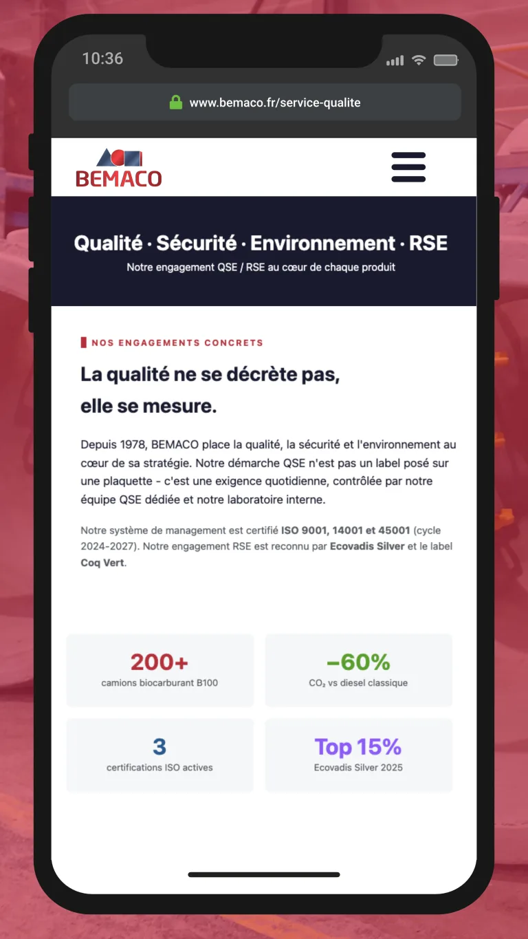 Page QSE / RSE de BEMACO sur mobile : engagements et chiffres clés