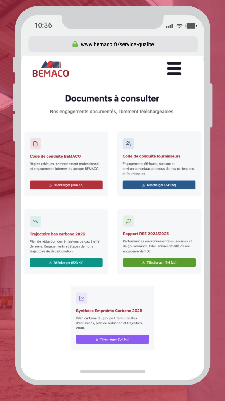 Section Documents à consulter de la page QSE / RSE BEMACO sur mobile