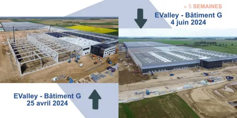 Sur le site d'Evalley, la charpente en béton du bâtiment G  est presque entièrement posée