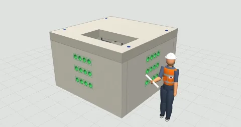 Chambre IT béton préfabriquée BEMACO, vue perspective avec un technicien à côté de l'ouvrage pour l'échelle