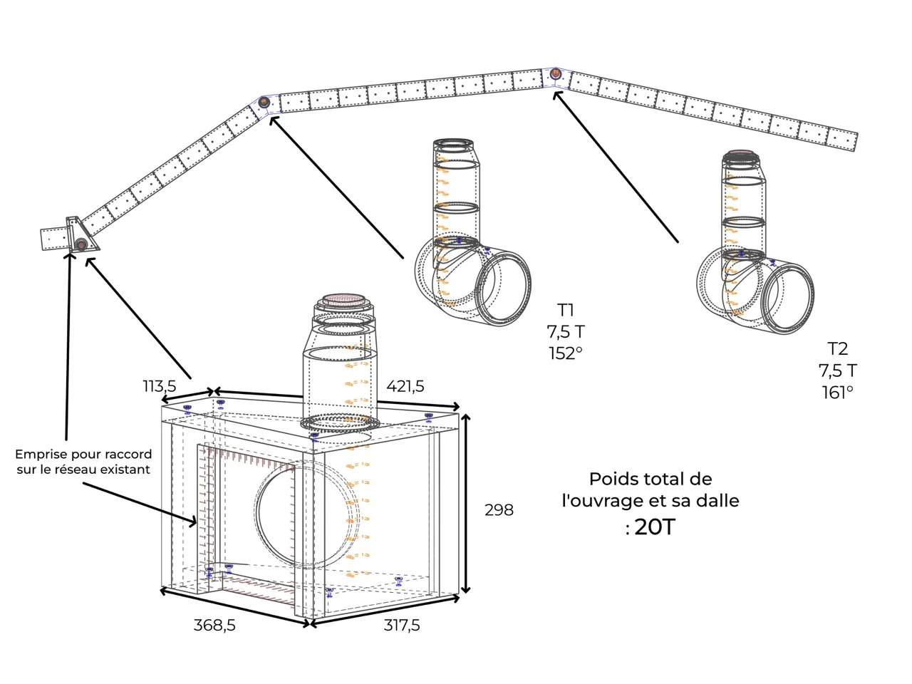 Plan de l'ouvrage trapézoïdal BEMACO : 20 tonnes, tuyaux coudés T1 152° et T2 161°