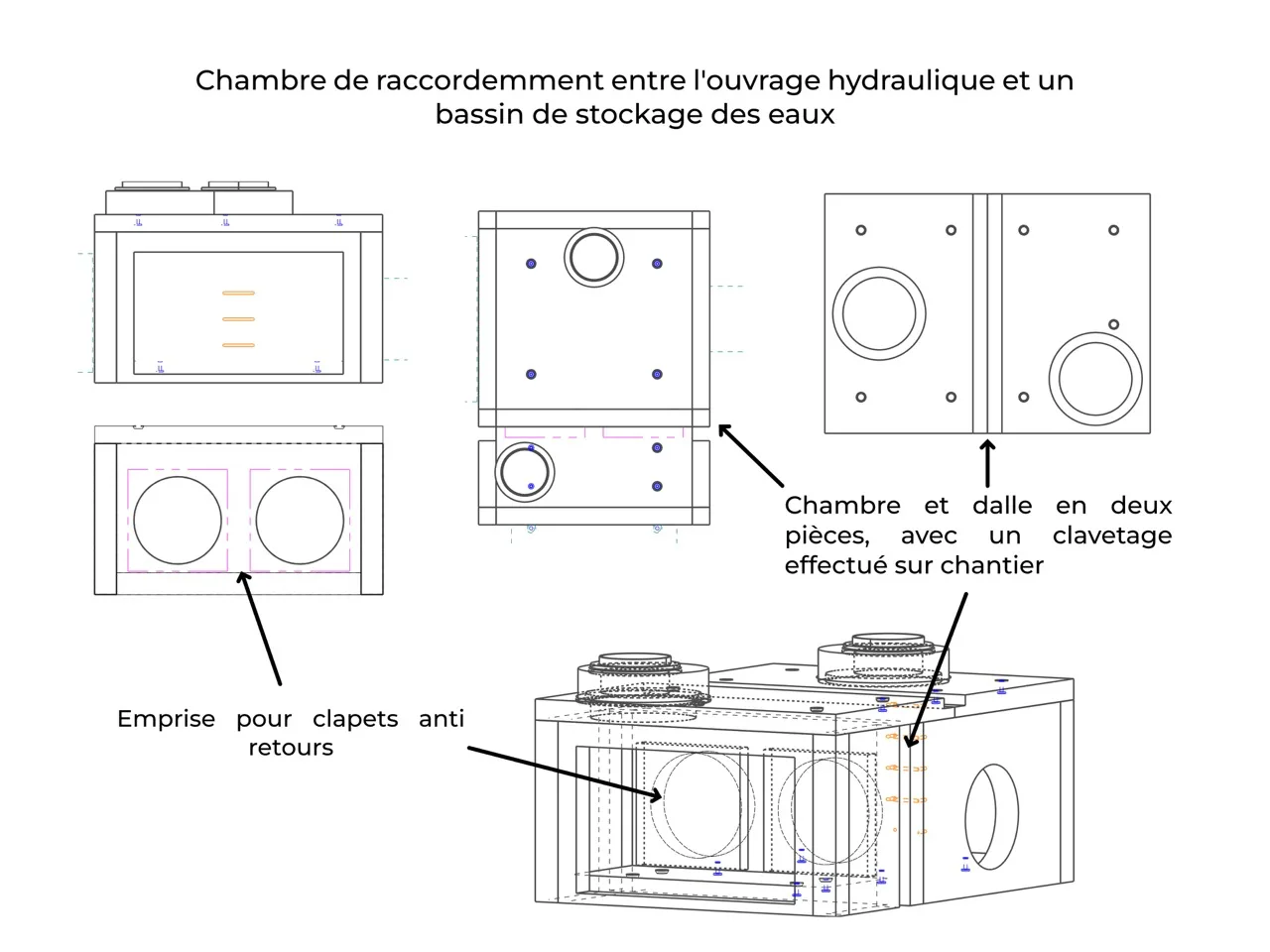 Plan de la chambre de raccordement BEMACO entre réseau hydraulique et bassin de stockage