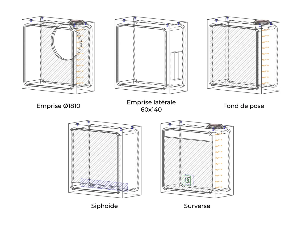 Les 5 configurations de cadres modifiés BEMACO : emprise Ø1810, emprise latérale 60x140, fond de pose, siphoïde et surverse