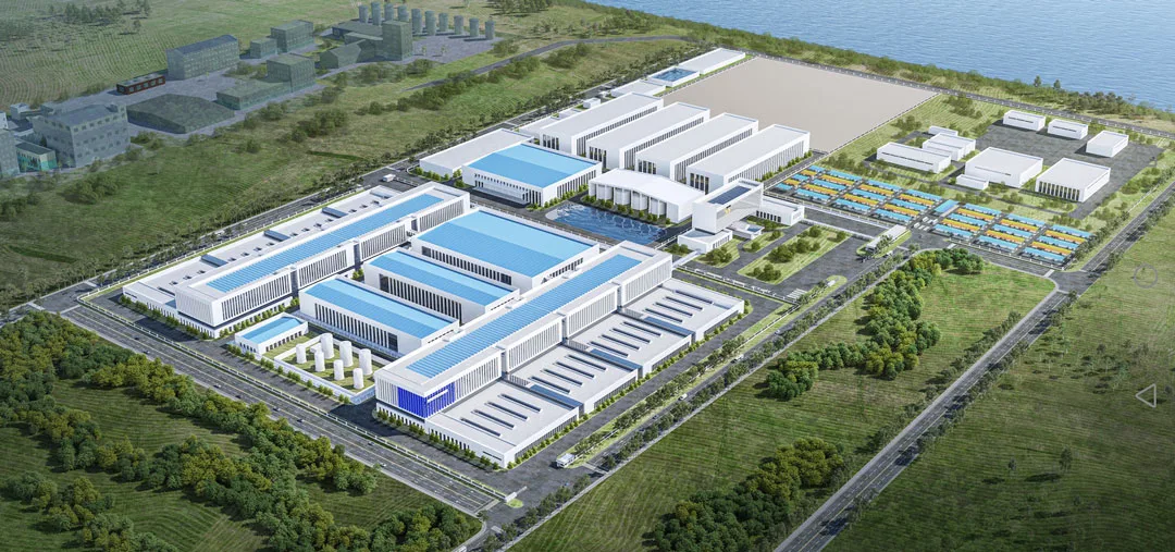 Vue d'artiste de la future usine Neomat CAM à Gravelines et Loon-Plage, ateliers et zones d'utilités vus du ciel